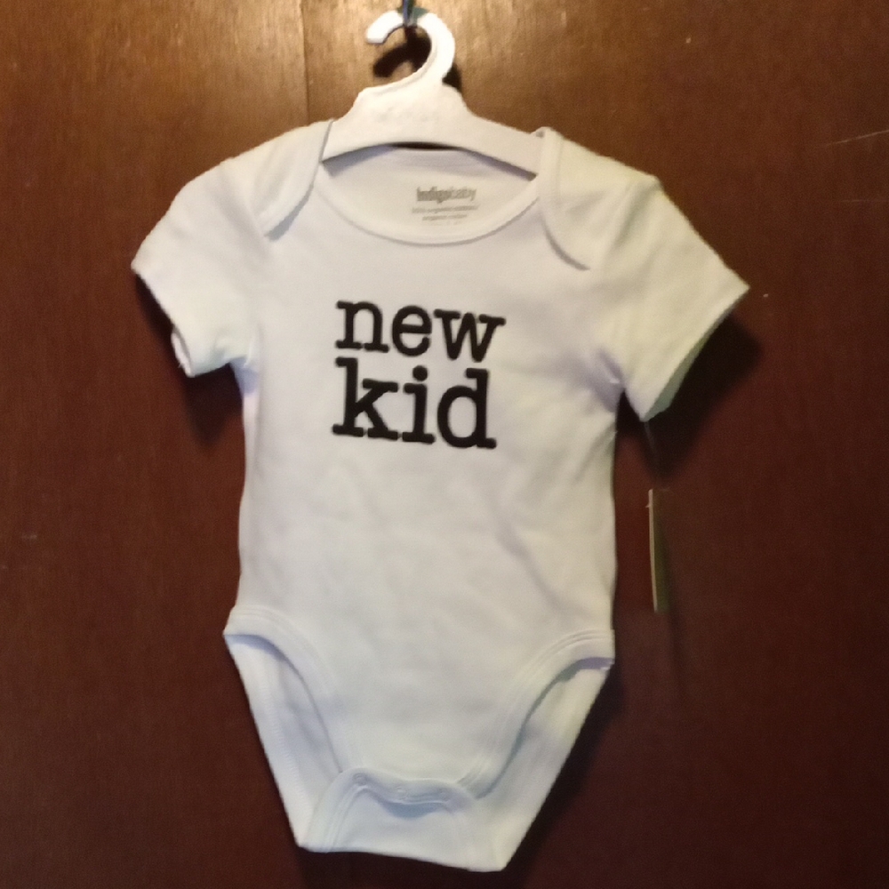 Indigo White and Black Bodysuit New Kid Text